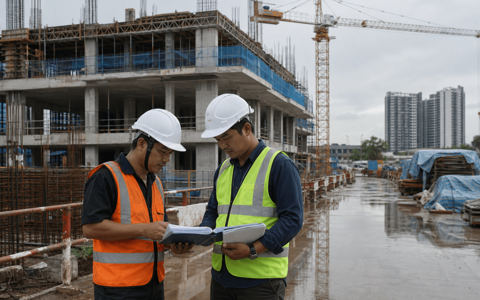 Two site engineers reviewing a programme and site record after rain at a Malaysian construction project