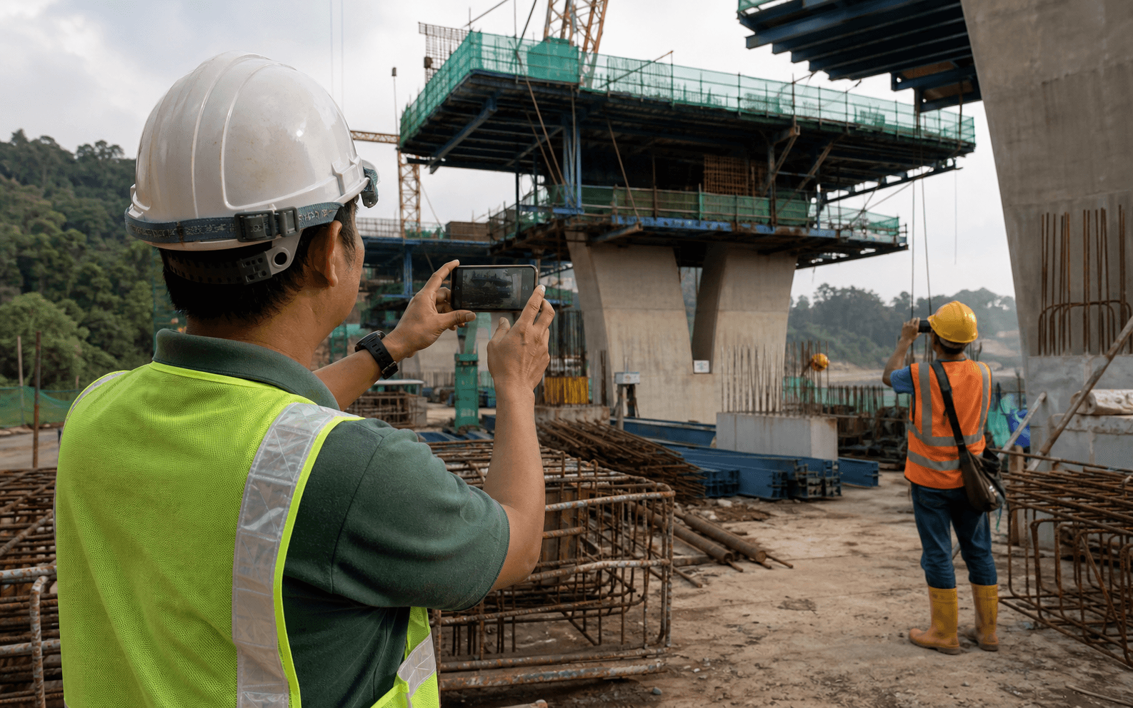 A Malaysian site supervisor taking a progress photograph at an active engineering construction site