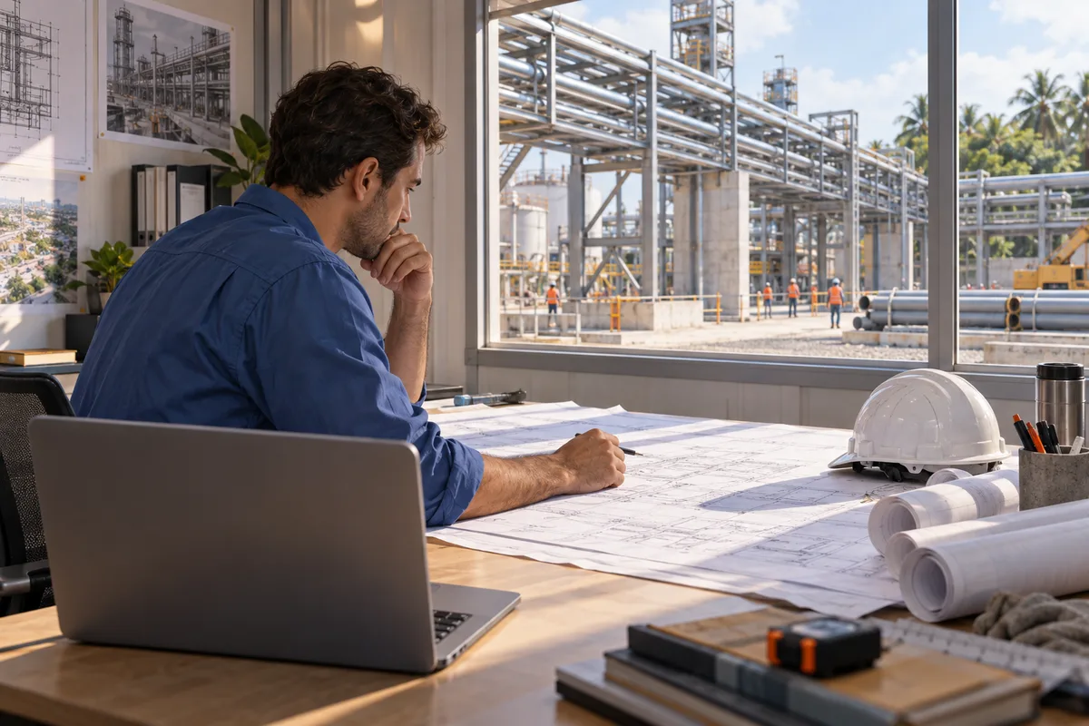 Illustration of a project manager checking a drawing in a site office overlooking the work.