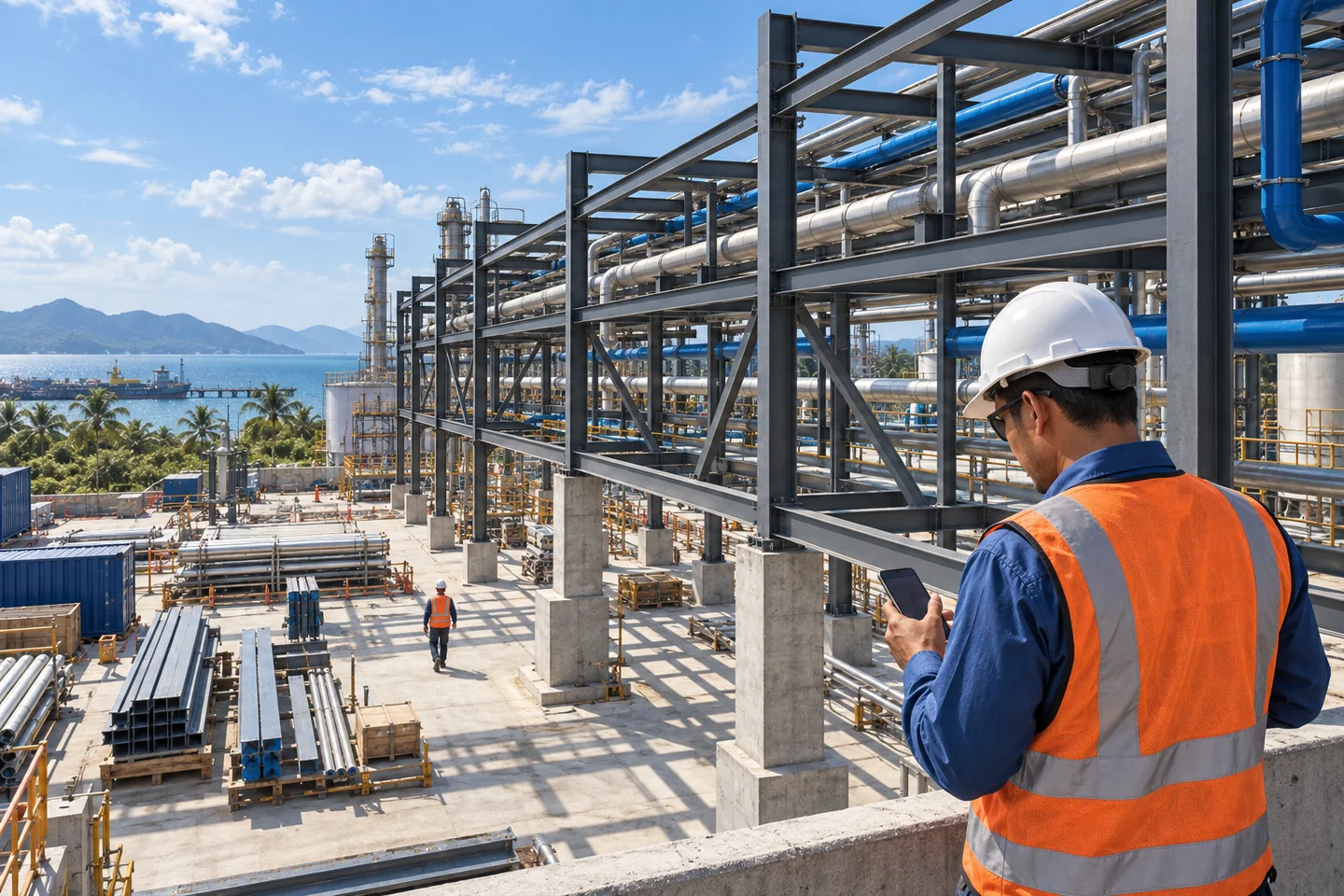Illustration of a site supervisor sending an update beside an industrial pipe installation.